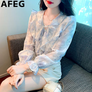 AFEG Korean V-neck ruffled bow fashion loose temperament floral chiffon flared sleeve blouse