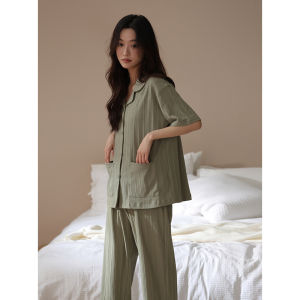 me home wear | Cotton Short-sleeve Open-front Sleepwear Set Large Size