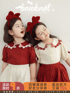 Summer Outfit for Girls Cute Embroidered Doll Shirt with Patchwork Butterfly Knot Flower Bud Shorts Cotton Blend Casual Wear