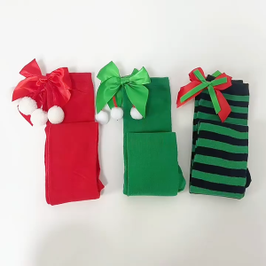 CANAMEK ถุงเท้ายาวลายทางสำหรับเด็กผู้หญิงถุงเท้ายาวลายทางประดับวันคริสต์มาส