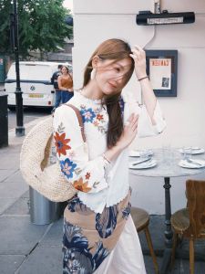 Colorful Embroidered Flower Lace Shirt Womens Loose Fit Button up Original Design Casual Summer Long Sleeve round Neck Top