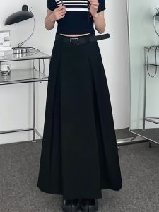 Elegant Small Size Retro Black Pleated Loose Fashion High Waist Half-length Skirt Womens Autumn New Style Slimming Long Skirt