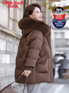 Womens Hooded Down Jacket With Fur Collar Fashionable And Warm For Elderly