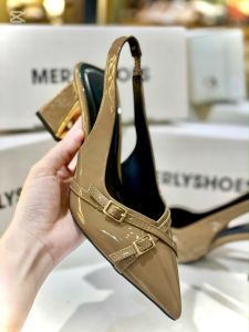Giày Cao Gót Nữ Merly 1608 - Đế Vuông 6-7cm Mũi Nhọn Hở Gót Hai Dây Khóa Màu Nâu Cà Phê Bóng
