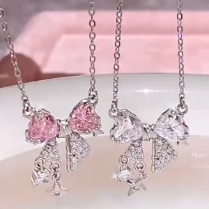 Bow Knot Pendant Necklace Butterfly Tassel Heart Silver Chain Necklace Choker Jewelry for Girlfriend