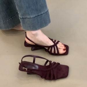 2026 New Hollow Square Toe Ankle Strap Sandals Summer Outdoor Wear Roman Wedge Open Toe