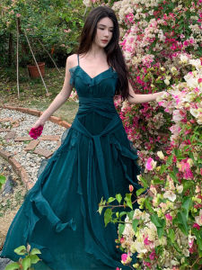 Beach Vacation Womens Slim Fit Strap Dress Summer Floral Edge Design Sensation Long Skirt V-neck Zipper Closure Thin Fabric