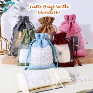 1pc Jute Bag with window drawstring Burlap linen drawstring Jute for Jewelry coffee and wedding