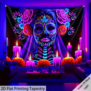 VIKAMA Tapestry Day of the Dead Skull Art Pattern Colorful Neon Decor Bohemian Style Living Room Feature Wall Room Decor