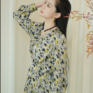 Elegant V-neck Printed Long Sleeve Dress GP192 Phoebe Fine Commute Style Spring Autumn Polyester Fiber 100% Womens Dress