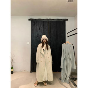 Iceollo Grey Woolen Double-Faced Coat Womens Autumn Winter High-End Feeling Rabbit Fur And Silk Blend Long Sleeve Mid-Length