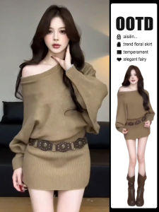 AICAILIN | Đầm Len Dài Tay Mùa Thu Sớm Một Vai