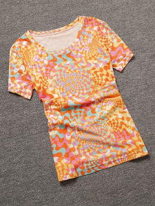 Womens Short Sleeve T-Shirt round Neck Printed Mesh Base Shirt Fashionable Versatile Summer Top Floral Pattern Commute Style