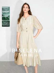 BEIQIANI | French Style Round V-Neck Lyocell Rayon Loose Gathered Waist Dress