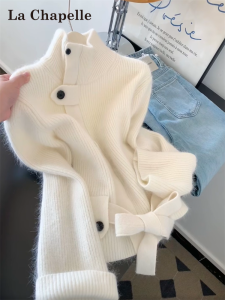 La Chapelle | Stand Collar Knit Sweater with Design Elements Tie Waist Thicken