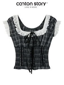 French Vintage Plaid Square Collar Short Sleeve Slim Fit Shirt Womens New 2025 Youthful Summer Cotton Polyester Blend Shirt