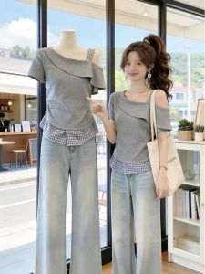 AIYITI | Áo Thun Dáng Peplum Phối Carô Dễ Thương Off-shoulder