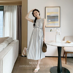 Summer Long Stripe Vest Dress Loose Maternity Gown Belly Covering Korean Style Cotton Linen Fabric Maternity Clothing