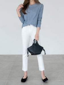 High Waist Straight Leg Denim Jeans Womens Spring Autumn White Elastic Slimming 9 Point Cotton Stretch Jeans Anti-Bacterial