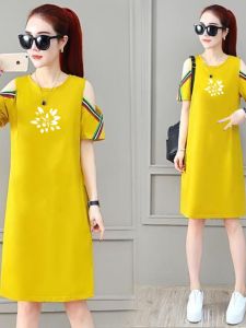 Áo Thun Cotton Tay Ngắn Mùa Hè Mới Rộng Rãi Che Phủ Thời Trang Phong Cách Hàn Quốc in Họa Tiết Váy Hở Vai Cho Nữ