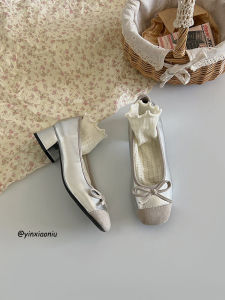 XiaoNiu Gentle Chunky Heel High Heels New Chinese Style Butterfly Knot Flat Mouth Womens Shoes Spring Summer French Style Womens Footwear