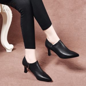 SHIPAILUO | Womens Deep-Cut Soft Leather Slip-On Shoes With Fleece Lining Thin Heel Pointed Toe Genuine Leather Warmth High Heels