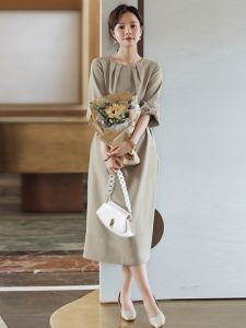 New round Neck Midi Dress Summer Autumn Wedding Party Daily Wear Small Dress High Waist Korean Style Commute Polyester Fiber