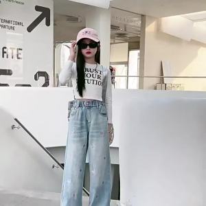 Kids Girls Fashion: Heart Embroidered Casual Denim Pants