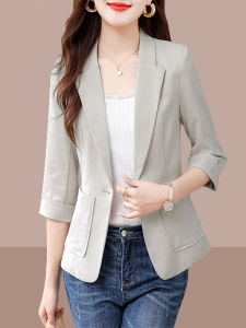 ลำลอง บาง ฤดูร้อน แขนสั้น ชุดสูท เสื้อแจ็คเก็ต ผู้หญิง Small Fit Pure Color Commute Style ปุ่มเดียว เสื้อโค้ท แขนเจ็ดแปด