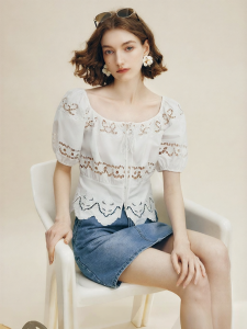 FAMANXUAN | French Lace Embroidery Square Neck Bohemian Style White Puff Sleeve Blouse