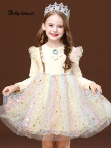 New Korean Skyle Baby Girl Princess Dress Lace Tutu Diamond Star Decor Kids Party Apparel for 1 2 3 4 5 Years Old