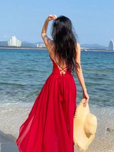 Sanya Holiday Red Backless Beach Long Dress Photography Clothes Bohemian Style Strapless Skirt Summer Season Polyester Fiber