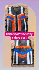 Dakkisport security riders vest with reflective stripes and orange blue accents.