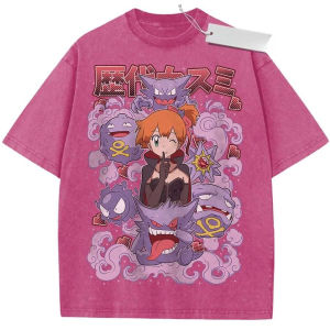 Bandai | Womens Vintage Washed Pokemon T-Shirt Jessy with Purple Gengar Graffiti Anime Print Pink Loose Fit Streetwear Tee for Casual