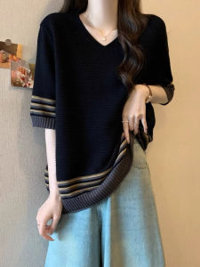 WANGGONGZHU | Princess Style Ice Silk Stripe Knitwear V-Neck Summer Top Slimming Belly Covering Fashionable Plus Size Womens Clothing