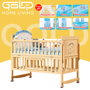 GOLD Baby Crib 7 in 1 Wooden Baby Cot Multifunctional baby bed Food grade cribs Can move baby bouncer嬰兒床