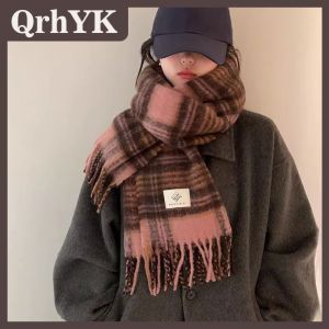 QrhYK Mùa thu và mùa đông mới vài chiếc khăn của phụ nữ ấm dày khăn choàng retro phong cách lười biếng kẻ sọc cổ khăn