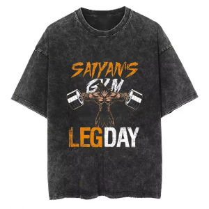 Bandai | Saiyan Gym Leg Day T Shirt Goku Bodybuilding Fitness Men Vintage Acid Wash Cotton Workout Graphic Anime Tees comfortable