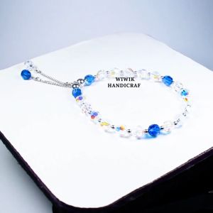 Gelang Swarovski / Gelang Swaroski Original Kristal Putih Biru 6 mmm Rangkai Karet dan Stainless Tahan Kado Hadiah Terbaru