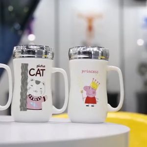 Cốc Sứ Giữ Nhiệt Nắp Có Gương 500ml Ly Sứ Giữ Nhiệt Họa Tiết Siêu Dễ Tthương Ngộ Nghĩnh.