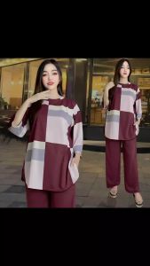 ASRA SETELAN WANITA LD 120 & LD 130 CELANA LURUS DAN ATASAN OVAL BELAHAN KIRI DAN KANAN OVERSIZE WANITA celana lurus karet kantor kaos santai Motif
