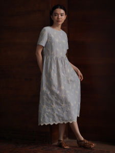 hacikis | French Country Light Blue and White Striped 3D Embroidered High Waist Slimming Round Neck Maxi Dress