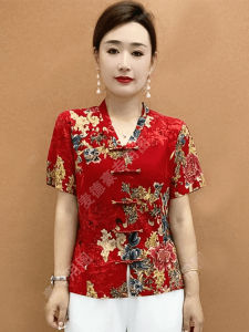 หลวม เสื้อยืดแขนสั้นสําหรับ วัยกลางคนและผู้สูงอายุ ผู้หญิง ฤดูร้อน ลายเพชร คอวี เสื้อท่อนบน ชุดทํางานสไตล์ K สไตล์คลาสสิก