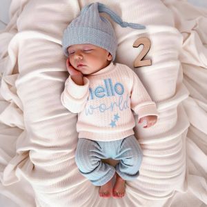 Ylsteed "Hello" Embroidery Newborn Photography Props Infant Romper Jumpsuit with Bow Hat Baby Coming Home Outfit Baby Photo Gift