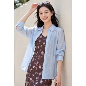 Misoshine | Slimming Lightweight Loose Long Sleeve Blue Collared Shirt