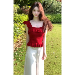 YUEZHONGWEI | French Style Square Collar Lace Trim Miniature Sleeve Knitted Vest Women Summer Outdoor Wear Slim Fit Short Top