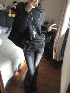 High Waist Bell Bottom Jeans Womens Spring Autumn New Style American Retro Extended Length plus Size Hole Slimming Versatile Denim Jeans