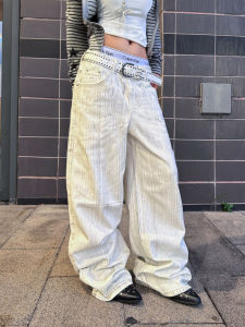 American Retro Striped Vintage Denim Jeans High Waist Loose Fit Straight Leg Womens Autumn Fashionable Wide Leg Pants