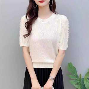 Tassel Knitting Short Sleeve T-Shirt Womens Summer 2024 New Arrival Loose Western Style Thin round Neck Shoulder Bottoming Shirt Tops