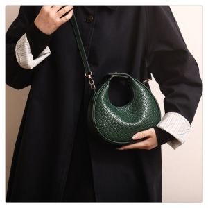 Half Moon Woven Shoulder Bag - Fashion Retro PU Leather Handbag for Women | Classic Solid Color Tote with Unique Stitch Design